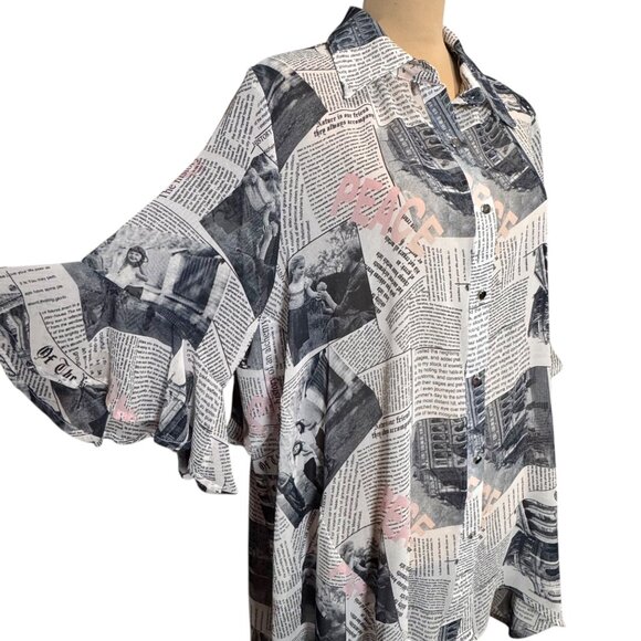 Why Dress Flowy Top Sz.L Newspaper Print Novelty Longline Ruffle 90s Maximalist - Picture 4 of 12